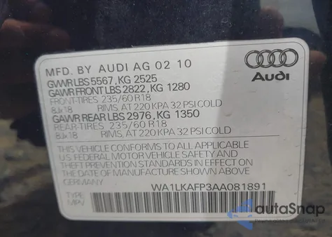 2010 Audi Q5 3.2 Premium из США, поврежденный, VIN WA1LKAFP3AA081891